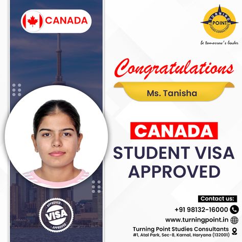 🎉 Congratulations to Ms. Tanisha on her Canada Student Visa approval! 🇨🇦🎓 Your journey toward academic success has just begun, and we're thrilled to be a part of it. Wishing you all the best in your studies and future endeavors! 📞 Contact us for your study abroad dreams: Turning Point Studies Consultants 📍 #1, Atal Park, Sec-8, Karnal, Haryana (132001) 📞 +91 98132-16000 🌐 www.turningpoint.in #CanadaVisa #StudentVisa #StudyAbroad #TurningPointConsultants #VisaApproved #StudyInCanada #Student... Canada Student Visa, Student Visa, Turning Point, Academic Success, Study Abroad, All The Best, Turning, Turn Ons, Quick Saves