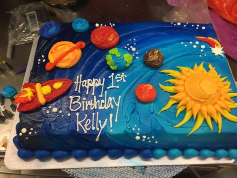 Space Sheet Cake Ideas, Chocolate Space Birthday Cake, Space Party Cake Ideas, Easy Space Birthday Cake, Outer Space Sheet Cake, Outer Space Theme Cake, Space Theme Sheet Cake, Space Themed Birthday Party Food Ideas, Planet Smash Cake