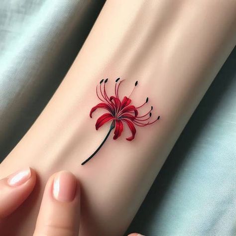 64 Timeless Spider Lily Tattoo Ideas To Forget The Horrors Of The Past Spider Lily Minimalist Tattoo, Anime Wrist Tattoos For Women, Spider Lily Snake Tattoo, Red Spider Lily Neck Tattoo, Japanese Spider Lily Tattoo Design, Spider Lily Shoulder Tattoo, Spider Lily Back Tattoo, Spider Lily Nails, Spider Lilly Tatoos Design