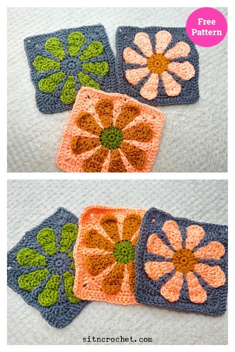 Retro 3D Daisy Granny Square Free Crochet Pattern Daisy Flower Crochet Pattern, Retro Flower Granny Square, Retro Daisy Granny Square, Retro Daisy Square Crochet Pattern Free, Retro Daisy Square Crochet Pattern, Daisy Granny Square, Retro Daisy Granny Square Blanket, Retro Flower Granny Square Blanket, Crochet Flower Squares