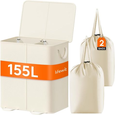 Amazon.com: Lifewit Double Laundry Hamper with Lid and Removable Laundry Bags, Large Collapsible 2 Dividers Dirty Clothes Basket with Handles for Bedroom, Laundry Room, Closet, Bathroom, College, 155L Ivory White : Home & Kitchen Bathroom College, Double Hamper, Double Laundry, Hamper With Lid, Double Laundry Hamper, Bedroom Laundry Room, Closet Bathroom, Laundry Hamper With Lid, Laundry Room Closet