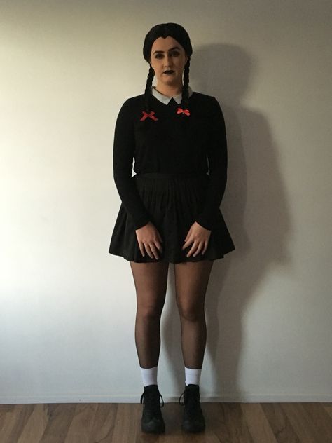 Wednesday Addams costume DIY Wednesday Addams Diy Costume, Diy Wednesday Addams Costume, Wednesday Addams Outfit Inspiration, Diy Wednesday Addams, Pop Art Halloween Costume, Emo Prom, Wednesday Halloween, Jasmine Halloween Costume, Wednesday Addams Outfit