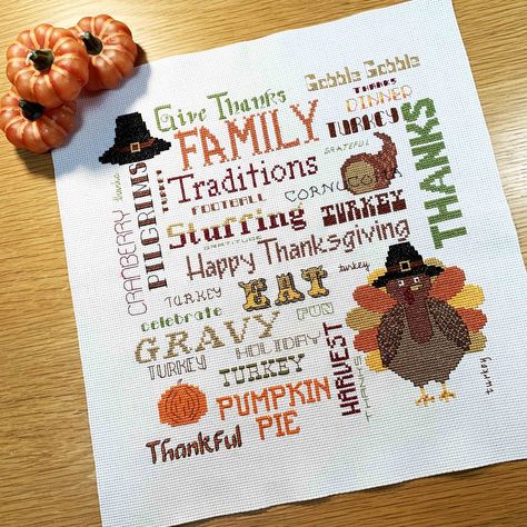 "Happy Thanksgiving -  how do you celebrate Turkey Day?  Turkey, Pumpkin Pie, Pilgrims, Cranberry and Family are all surrounded by gratitude and giving thanks in this modern typographic cross stitch pattern. This pattern looks lovely framed but would look great on a cushion too.    INSTANT DOWNLOAD  This digital format PDF counted cross stitch pattern is available as an instant download.  You can start stitching the 'Happy Thanksgiving' today!  PATTERN DETAILS  Pattern Measurements:  *140 stitches wide by 140 stitches high Finished size of the design on 14 count Aida: *10 in wide by 10 in high  *25.4 cm wide by 25.4 cm high The images show 'Happy Thanksgiving' in a 12 in by 12 in frame.   This pattern has been stitched on ivory aida cloth. The chart includes full cross stitches, partial st Turkey Cross Stitch, Stitch Thanksgiving, Holiday Cross Stitch Patterns, Happy Thanksgiving Turkey, Turkey Pumpkin, Fall Cross Stitch, Cross Stitch Tutorial, Pilgrim Hat, Disney Cross Stitch Patterns