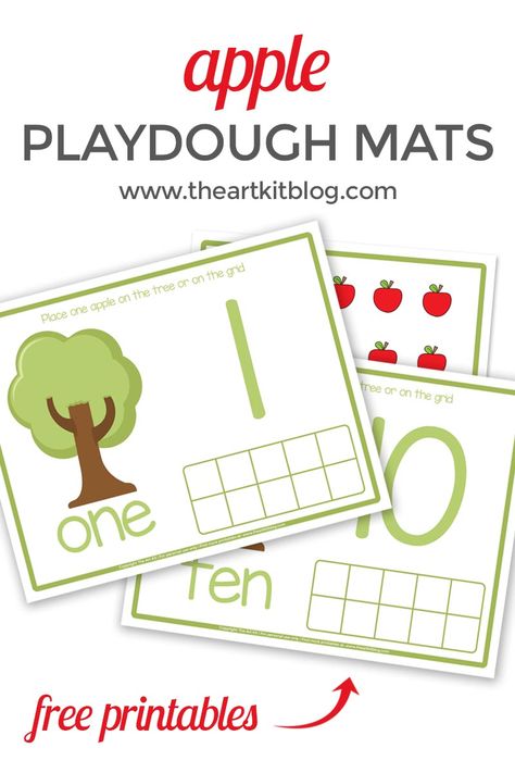 Apple playdough mats #applemath #applecounting #playdoughmats #playdohmats via @theartkit Apple Playdough Mats Free Printables, Apple Tree Playdough Mats, Apple Tree Playdough Mats Free, All About Me Activities For Toddlers, Apple Playdough, Brain Bins, Preschool Apples, Apple Lesson Plans, Playdough Number Mats