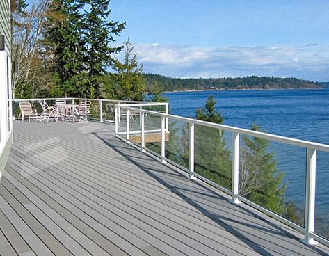 White Solid Glass Railing - Kirkland, WA | Glass Railing for Decks Railing For Decks, Glass Railing Deck, Stair Renovation, Deck Remodel, Glass Railing System, Lake Houses Exterior, Deck Accessories, Railing Ideas, Patio Fence