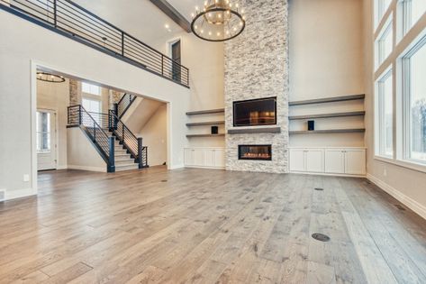 TCD Ridgemont - Transitional - Living Room - Other - by TCD Homes | Houzz Tv In Front Of Staircase, Open To Below Living Room, Fireplaces Living Room, 2 Story Living Room, Transitional Open Concept, Barndo Ideas, Goals 2025, Aunt Becky, Beams Living Room