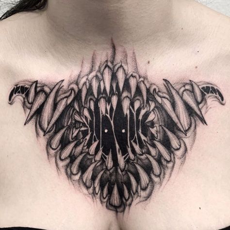 Tattoo Ideas Female Dark Meaning, Creepy Throat Tattoo, Evil Creature Drawing, Creepy Mouth Tattoo, Creepy Chest Tattoos, Best Black Tattoo Ideas, Dark Throat Tattoo, Body Horror Tattoo, Macabre Tattoo Ideas