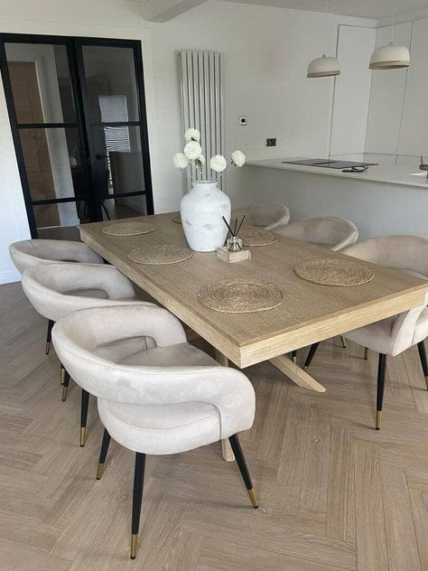 Amelia Solid Wood Whitwash Finish Dining Table - Laura James White And Oak Dining Room, White Company Dining Room, Dining Suites Ideas, White Kitchen With Dining Table, Neutral Dining Room Table, Dining Room Wood Floor, Oak Floor Dining Room, Beige Dining Room Ideas, Dining Table Set Up