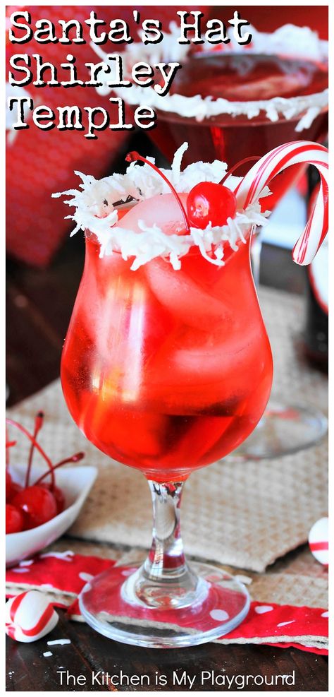 Santa's Hat Shirley Temple ~ Let the kids in on the festive drink fun with this Santa's Hat Christmas Shirley Temple! With it's bright red color & coconut rim, it'll be the hit of the holiday season with the little ones. #Christmasdrinks #Christmasmocktails #shirleytemple www.thekitchenismyplayground.com Santa Panties Drink, Shirley Temple Drink, Christmas Mocktails, Christmas Buffet, Christmas Punch Recipes, Holidays Ideas, Buffet Ideas, Holiday Punch, God's Blessings