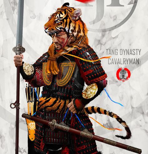 Elite Tang dynasty cavalryman wearing the distinctive 虎冠 "tiger crown" that marked them as some of the most elite warriors on the battlefield, sometimes the item would be sewn out of colorful fabrics with gilded rims and lacquered features that imitated a grimacing tiger while other times real tiger skin (claws and head) would be used to give the wearer a ferocious aspect. These wings usually gathered the bravest and the highest quality of fighting troops Tiger Knight, Chinese Tiger, Chinese Armor, Guan Yu, Black Armor, Chinese Warrior, 그림 낙서, Historical Armor, Armadura Medieval