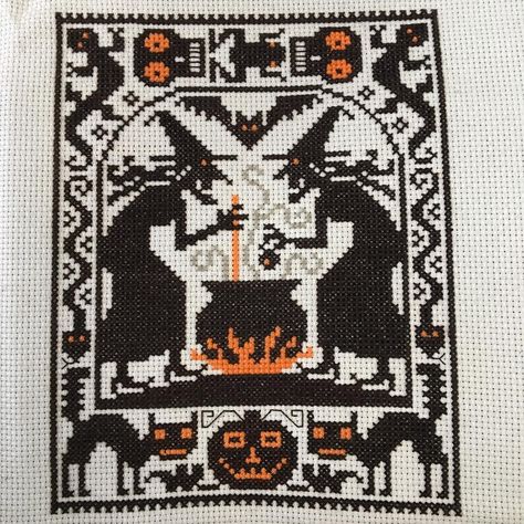 Finished:) #crossstitchersofinstagram #stitchmaynia #soulfulstitcher #sal2018 #yow2018 #prairieschooler #doubledouble Charts Patterns, Halloween Cross Stitch Charts, Prairie Schooler, Finished Cross Stitch, Stitch Witchery, Witches Halloween, Needlework Shops, Cross Stitch Collection, Nest Design