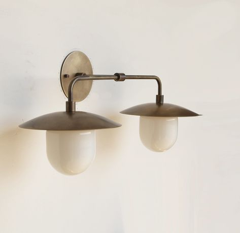 Industrial style brass wall sconce light, brass or aged brass finish. Dimensions, Brass hade:  8" in diameter Milk white glass shade, Diameter: 3-3/8" Height: 4-1/8" Total depth from wall: 11"  Height: 10" Width: 21" Canopy: 4-3/4" casting brass plate Specifications, Voltage: 120V or 220V Socket:E-26  socket, UL listed Bulb: Any standard medium base  is available for this light, Max 75W Bulb is  included. We provide two 4W Led bulbs, 2700K  (equivalent 40W traditional bulb) Note: For Canadian cu Sink Lights, Sconces Bathroom, Shade Wall, Dining Room Light Fixtures, Coastal Modern, Brass Plate, Minimalist Lighting, Bathroom Sconces, Bathroom Wall Sconces