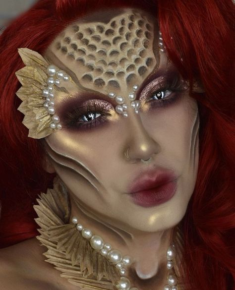 Scales Makeup Mermaid, Mermaid Special Effects Makeup, Mermaid Fx Makeup, Shark Makeup Halloween, Scary Siren Makeup, Mythical Creatures Makeup, Seahorse Makeup, Dragon Makeup Halloween, Mermaid Fantasy Makeup