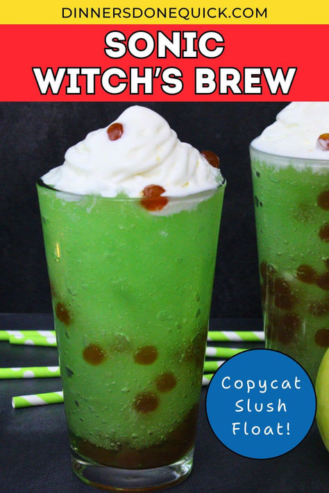 Recreate the spooky magic of Sonic's Witch’s Brew Slush Float at home with this easy copycat recipe! Perfect for Halloween parties, this green apple slush features soft serve vanilla ice cream and salted caramel boba pearls for a fun, festive drink. It's like drinking a caramel covered apple! Get the recipe now and impress your guests! #SonicWitchesBrew #HalloweenDrinks #CopycatRecipe #SonicSlush #SonicCopycat #SlushFloat Soft Serve Vanilla Ice Cream, Sonic Drinks, Energy Drink Recipe, Caffeine Free Drinks, Slush Recipes, Halloween Ice Cream, Slushie Recipe, Boba Pearls, Ice Cream Floats