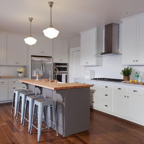 Gray Kitchen Island with Butcher Block Top view full size Kitchen Island Butcher Block Top, Kitchen Island With Butcher Block Top, Kitchen Butcher Block, Kitchen Island With Stove, Island Farmhouse, Table Island, Kitchen Gray, Gray Island, Butcher Block Island Kitchen