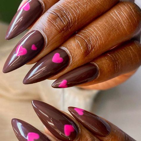 Brown And Pink Valentines Nails, Chocolate Valentines Nails, Valentines Nails Brown, 2024 Valentines Nails, Brown Valentines Nails, Megan Nails, Brown Nail Ideas, Cute Valentines Nails, Silhouette Nails