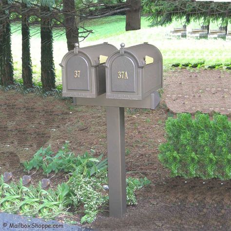 Whitehall Mailbox, Mailbox Post Ideas, Double Mailbox, Double Mailbox Post, House Number Light, Mailbox Designs, Mailbox Makeover, Mailbox Landscaping, Door Number Plaques