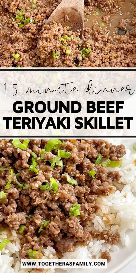 Easy dinner recipe pin with two pictures and a text overlay box in the center. Ground Beef Teriyaki Rice Bowl, Teriyaki Ground Beef Skillet, Healthy Teriyaki Beef Bowl, Teryokie Beef, Keto Lean Ground Beef Recipes, Ground Beef Broccoli And Rice Recipes, Easy Beef Teriyaki Recipe, Ground Beef Skillet Recipes Easy Dinners, Healthy Meals To Make With Ground Beef