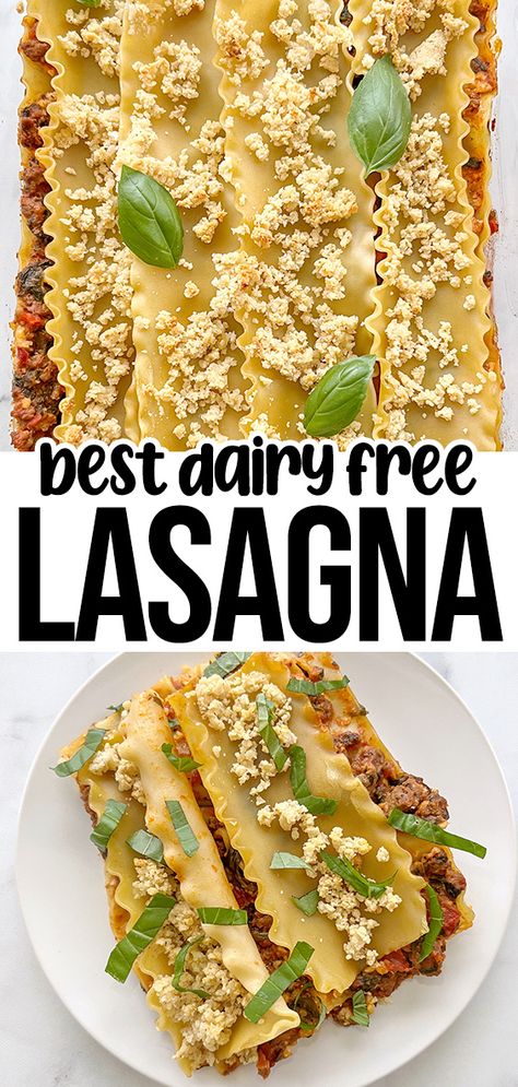 dairy free lasagna with spinach and meat sauce. Dairy Free Lasagna Recipe, Vegan Vegetable Lasagna, Dairy Free Lasagna, Gluten Free Lasagna Noodles, Almond Ricotta, Dairy Free Pasta, Gluten Free Lasagna, Meat Sauce Recipes, Vegan Lasagna