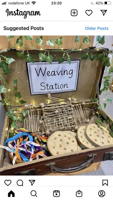 All About Me Reception Activities, Threading Activities For Preschoolers, Natural Classroom Ideas, Microschool Classroom, Reggio Activities Preschool, Outdoor Classroom Eyfs, Weaving Station, Nature Daycare, Nursery Activities Eyfs