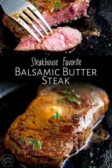 If you are looking for a quick steak sauce or if balsamic steak is your favorite dish at the local steak house then this balsamic butter steak is for you. The steak is grilled to perfection and finished with a disk of delicious balsamic butter that creates a a delicious glaze and sauce for the steak. This balsamic steak is perfect for date night! Go on have a go at creating that easy steak dinner for 2. #steakdinner #balsamicsteak Steakhouse Food, Quick Steak, Steak Dinners For Two, Easy Steak Dinner, Balsamic Steak, Night Dinner Recipes, Butter Steak, Easy Steak, Dinner For 2