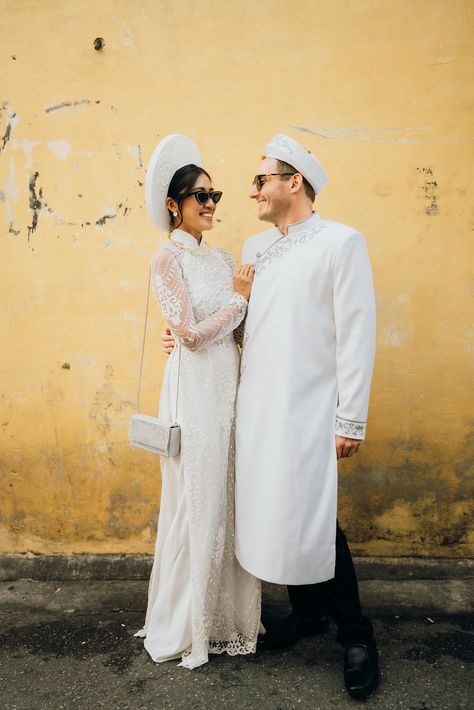 Vietnamese traditional ao dai outfit Lace Ao Dai, Ao Dai Modern, Traditional Vietnamese Wedding, Vietnamese Wedding Dress, Ao Dai Wedding, Male Design, Vietnam Wedding, Vietnamese Ao Dai, Vietnamese Wedding