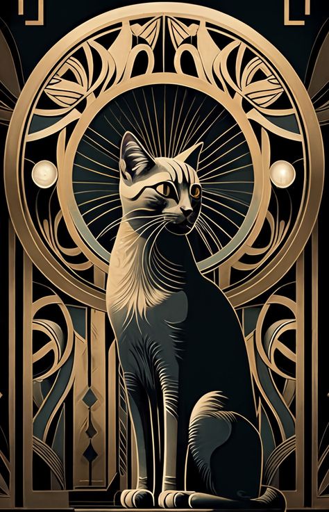 Art Nouveau Cat, Modern Cat Art, Art Deco Animals, Art Deco Cat, Art Deco Wall Art, Art Deco Artwork, Art Hippie, Streamline Moderne, Tattoo Cat