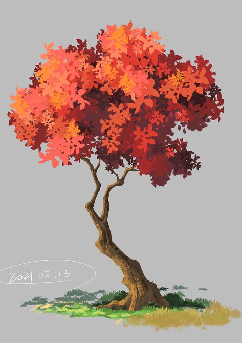 Nature Environment Art, Autumn Concept Art, Tree Reference Drawing, Trees Concept Art, Gouache Tree, Autumn Tree Drawing, Tree Concept Art, Tree Drawing Tutorial, Digital Art Tree