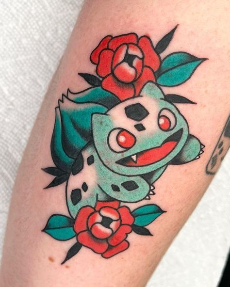 American Traditional Tattoos Anime, American Traditional Pokemon, Nerdy American Traditional Tattoo, American Traditional Pokemon Tattoo, Pokemon Traditional Tattoo, Genuine Tattoo, Traditional Pokemon Tattoo, Bulbasaur Tattoo, Epic Tattoos