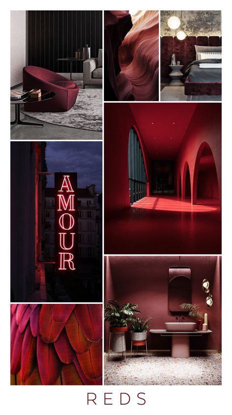 Red Color Mood Board, Red Color Palette Interior Design, Red Mood Board Painting, Red Room Photography, Mysterious Interior, Red Ambiance Interior, Red Mood, Color Seasons, Material Palette