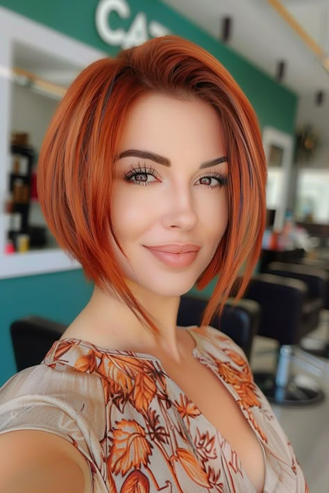 Woman with short red hair smiling in a salon. Red Hair Short Hairstyles, Hair Color With Dark Roots, Cherry Red Bob, Orange Copper Hair Color, Red Bob Hairstyles, Short Red Bob, Orange Copper Hair, Short Red Hairstyles, Fancy Short Hair