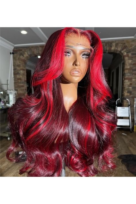 Healthair Red Volume Highlight Skunk Strip on 99j Lace Front Wigs Human Hair 180% Density Body Wave Fire Red Ombre 13X4 HD Lace Pre Plucked 99j Colored Human Hair Wig for Women (20inch) Red Highlights Wig, Hair Color Burgundy, Balayage Color, Lace Frontal Closure, Red Highlights, Colored Wigs, Human Virgin Hair, Red Ombre, Wigs Human Hair