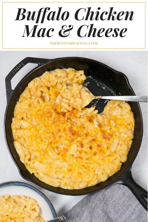 Need another cast-iron skillet recipe? Try this homemade mac and cheese recipe with buffalo chicken. #macandcheese #buffalochicken #chickenrecipes #chicken #weeknightdinner #pastarecipe #dinnerrecipes #dinnerideas #dinnerrecipeseasy Mac And Cheese With Chicken Recipe, Buffalo Mac And Cheese Recipe, Mac And Cheese Buffalo Chicken, Honey Buffalo Chicken Mac And Cheese, Protein Buffalo Chicken Mac And Cheese, Mac And Cheese Recipe Buffalo Chicken, Buffalo Mac N Cheese Recipe, Homemade Buffalo Chicken, Chicken Mac And Cheese Recipe