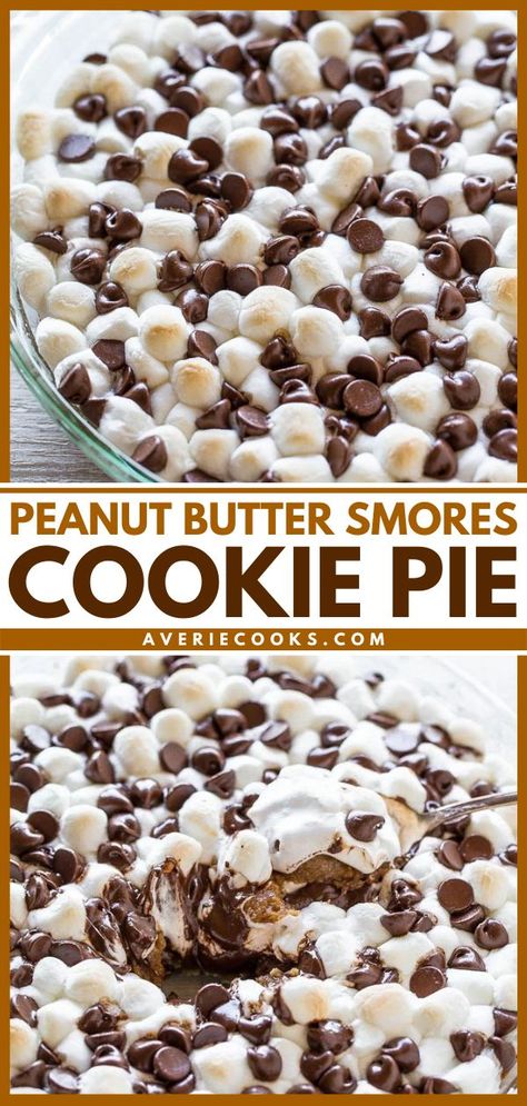 One of the best dessert ideas you'll ever try! No campfire is needed in this smores pie. Topped with marshmallows and chocolate chips, this graham cracker-peanut butter cookie pie is amazing! Save this easy baking recipe! Smores Pie Easy, Chocolate Chip Peanut Butter Pie, Smore Pie Recipe Graham Cracker Crust, S’mores Pie Recipe, Cookie Smores, Smores Pie Recipe, S’mores In Pie Crust, S’mores Pie With Graham Cracker Crust, Easy Baking Recipe