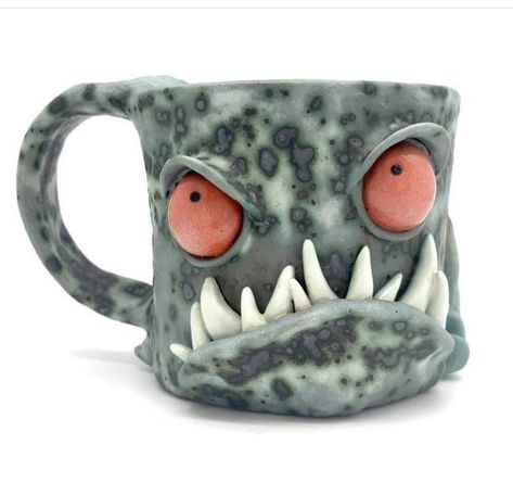 Creepy Pottery Ideas, Pottery Monsters, Sculptural Mugs, Monster Ceramics, Gothic Pottery, Willy Wanka, Monster Mugs, Useful Pottery, Ceramic Faces