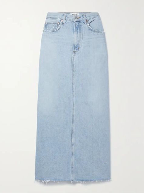 AGOLDE + NET SUSTAIN Hilla frayed organic denim maxi skirt | NET-A-PORTER Long Jean Skirt, Long Skirt Outfits, Tiktok Fashion, Uni Outfits, Denim Maxi, Trendy Skirts, Denim Pants Women, Denim Maxi Skirt, Long Maxi Skirts