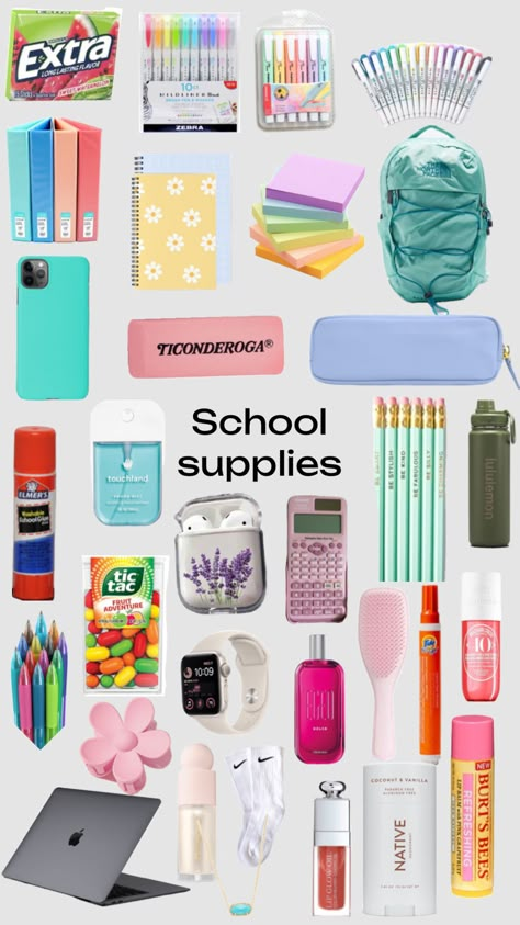 That Girl School Supplies, School Nessesities, Locker Inspo Aesthetic, What To Pack For School, Cute Back To School Supplies, Schul Survival Kits, School Supplies Ideas, Middle School Supplies, Middle School Essentials