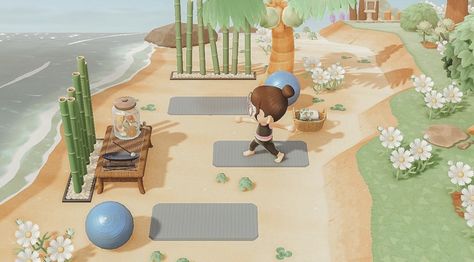 Acnh Relaxing Area, Animal Crossing Boardwalk Ideas, Animal Crossing Yoga Area, Acnh Yoga Area, Acnh Private Beach, Acnh Small Beach Ideas, Acnh Yoga, Acnh Beach Ideas, Acnh Normcore