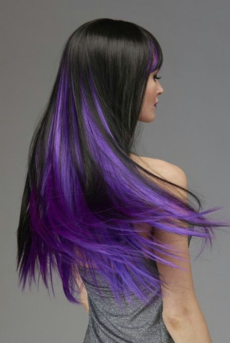 Sexy Purple Underlights Long Black Hair Purple Underlights, Purple Black Hair, Black Hair Long, Hidden Hair Color, Purple Hair Highlights, Underlights Hair, Purple Ombre Hair, Hair Color Underneath, Dark Hair With Highlights