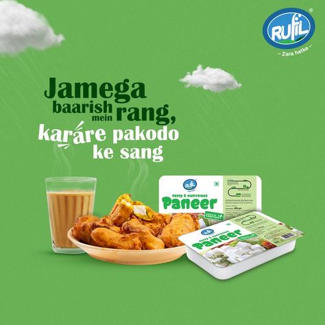 Iss baarish ke mausam mein, ho jaaye ek cup garam chai aur chatakedaar Rufil paneer ke pakode? #Rufil #ZaraHatke Paneer Creative Ads, Chai Creative Ads, Paneer Makhani, Social Design, Social Media Advertising Design, Creative Ads, Ads Creative, Advertising Design, Paneer