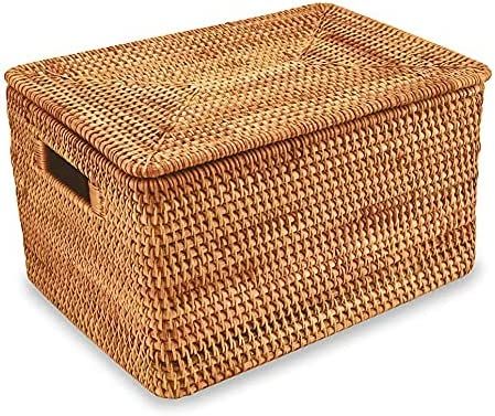 Amazon.com: FIYAMMY Rattan Basket With Lid, Large Lidded Basket For Storage Rattan Box(15.3" L×11.4"W×9.5"H) : Home & Kitchen Tiny Office Space Ideas, Storage Rattan, Wicker Basket With Lid, Shelf Baskets, Lidded Basket, Tiny Office, Shelf Bins, Storage Baskets With Lids, Rattan Storage