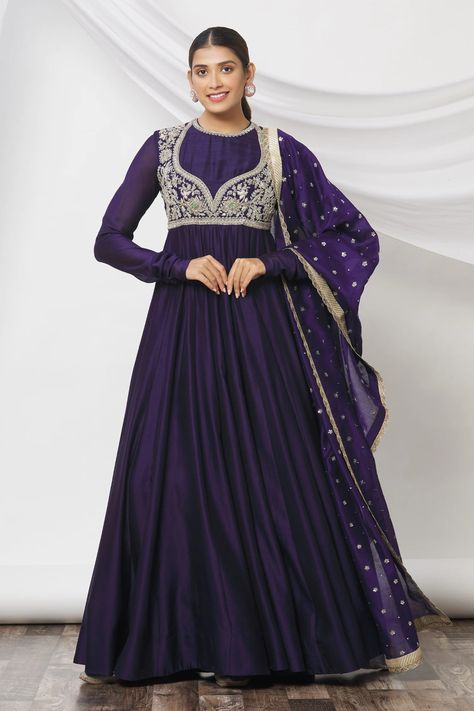 Buy Jayanti Reddy Gathered Sleeve Anarkali Set Online | Aza Fashions Jayanti Reddy Anarkali, Purple Anarkali, Reception Bride, Jayanti Reddy, Anarkali Dresses, Party Reception, Hello December, Gathered Sleeves, Anarkali Suits