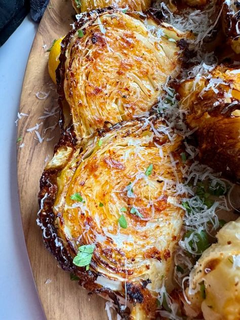 Roasted Garlic Parmesan Cabbage Wedges - Hungry Happens Parmesan Crusted Cabbage Slices, Parmesan Crusted Cabbage, Roasted Garlic Parmesan Cabbage, Garlic Parmesan Cabbage, Parmesan Cabbage, Roasted Cabbage Recipes, Cabbage Wedges, Roasted Cabbage Wedges, Cabbage Side Dish