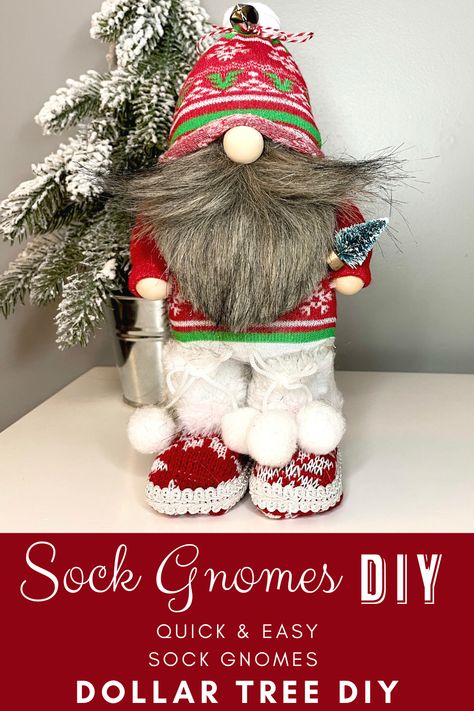 Sock Gnomes are so fun and easy to make, this one only cost a few bucks to make and is ALL Dollar Tree items! Check out the video! Gnome Table Centerpieces, Sock Gonks, Standing Gnomes Diy How To Make, Sock Gnomes Diy How To Make, Christmas Tree Gnomes Diy, Large Gnomes Diy How To Make, Christmas Sock Gnomes, Character Gnomes, Christmas Diy's