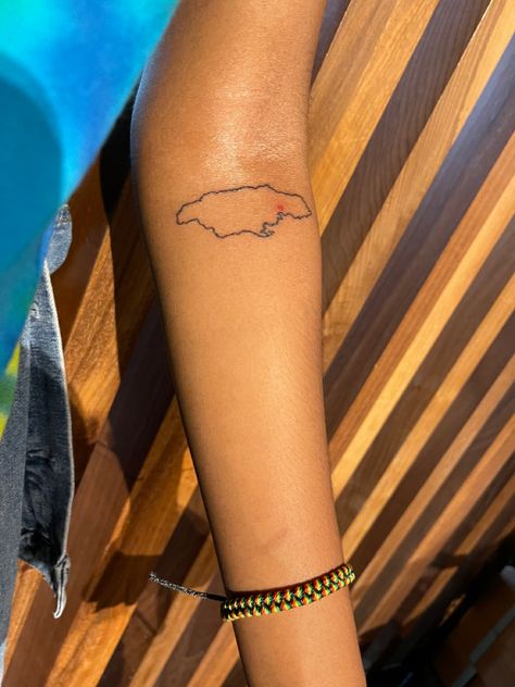 Jamaica outline tattoo Ackee Fruit Tattoo, Jamaican Island Tattoo, Jamaican Tattoos Ideas, Caribbean Inspired Tattoos, Made In Jamaica Tattoo, Jamaica Map Tattoo, Jamaica Island Tattoo, Country Outline Tattoo, Out Of Many One People Jamaica Tattoo