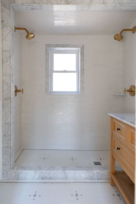 Yup, We're Using Shower Curtains in lieu of Glass (again!) — The Grit and Polish Shower With Curtain, Fun Shower Curtains, The Grit And Polish, Grit And Polish, Penny Tile Floors, Cedar Shake Siding, Tile Walk In Shower, Subway Tile Showers, Cool Shower Curtains