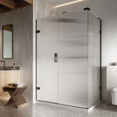 Roman Fluted Glass Shower Enclosures | Alexander Kitchens Half Glass Shower Door, Modern Exterior Door, Glass Bathroom Door, Exterior Door Styles, Unique Bathrooms, Shower Glass Door, Glass Shower Wall, Glass Shower Doors Frameless, Traditional Bathroom Designs