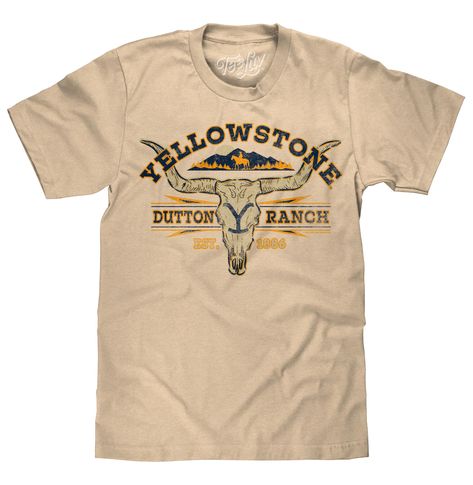 PRICES MAY VARY. YOUR NEW FAVORITE YELLOWSTONE SHIRT: Lounge in style with this comfy TV show t-shirt featuring a tough cattle skull graphic and the "Yellowstone Dutton Ranch" and "Est. 1886" text - distressed and printed on the softest cream cotton tee we could find. EASY CARE TEES: This Yellowstone design is licensed and screen-printed on a soft, 100% cotton short sleeve t-shirt that goes from the washing machine to the dryer without losing shape, shrinking or fading. NO FUSS SIZING: Tee Luv's Yellowstone Tv Series, Cattle Skull, John Dutton, Rip Wheeler, Yellowstone Series, Yellowstone Dutton Ranch, Cattle Brands, Dutton Ranch, Beth Dutton