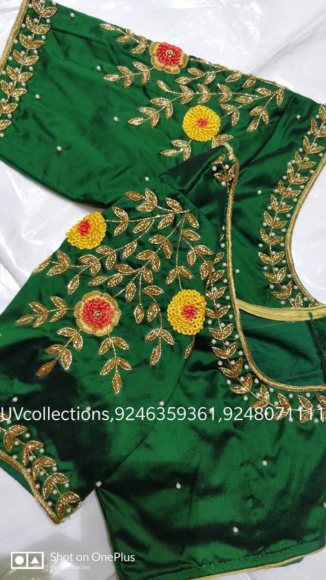 Green Colour Blouse Designs, Simple Maggam Work Blouse, Simple Maggam Work, Zardosi Blouse, Blouse Design Aari Work, Cutdana Work, Blouse Maggam Work, Mirror Work Blouse Design, Maggam Work Blouse