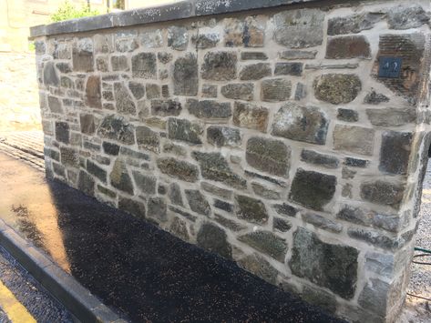 Reclaimed random rubble walking with lime based mortar pointing.  Obviously your wall won’t be anywhere near as high as this but you’ll get the idea of finish from this photo I’m sure. Stone Walls Garden, Garden Inspo, Wall Garden, Back Garden, Stone Wall, House Front, Tile Floor, Fireplace, New Homes